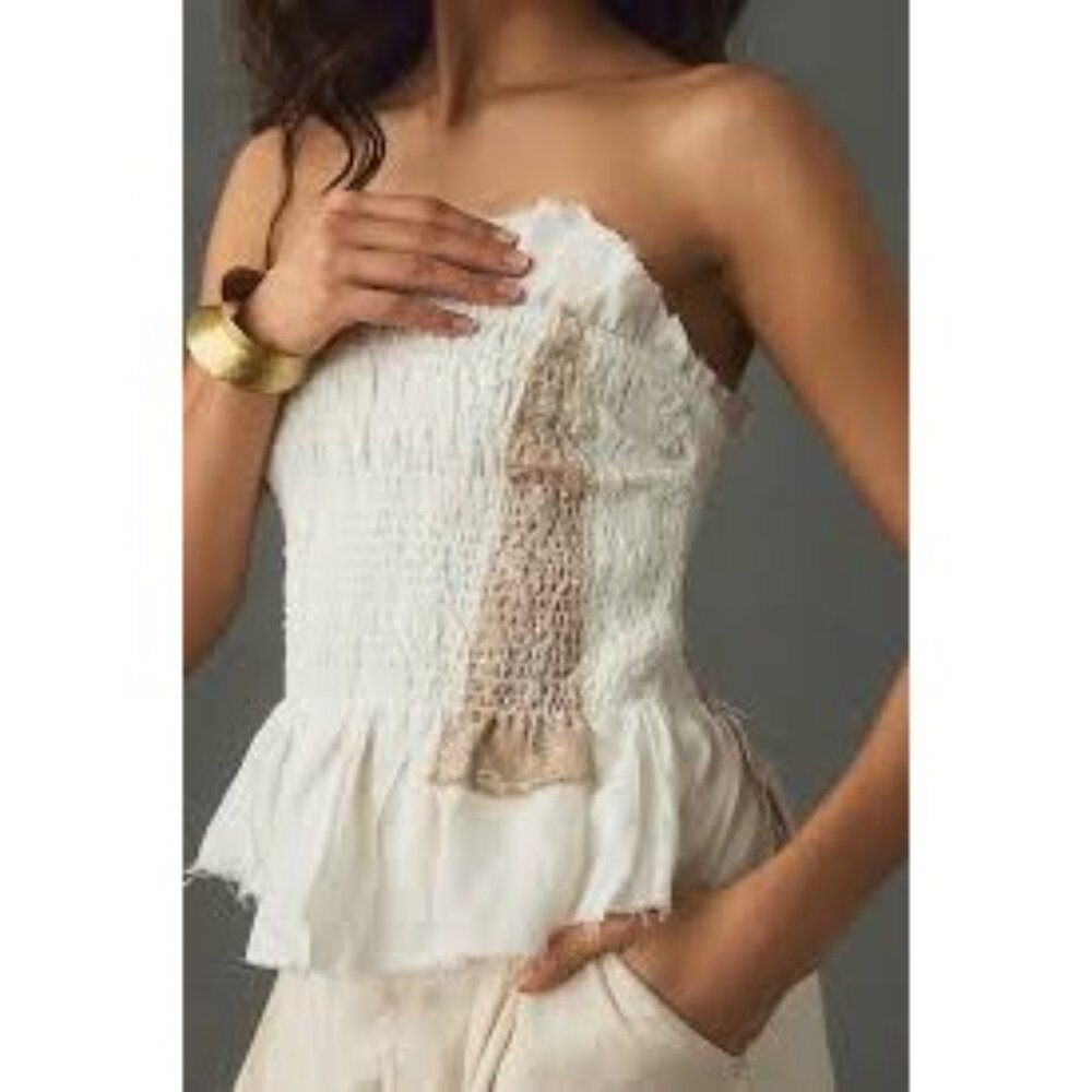 by Anthropologie Strapless Womens Large Smocked Peplum Asymmetric Hem Top White - Picture 4 of 11
